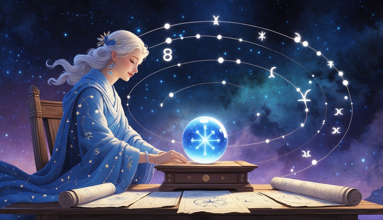 An astrologer at a desk with scrolls and charts, gazing into a glowing crystal ball under a starry night sky with constellations and zodiac symbols.