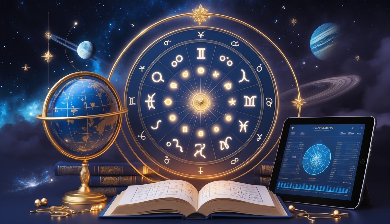 An astrological chart surrounded by celestial tools like a globe, an open book with star maps, and a digital tablet, set against a starry cosmic background.