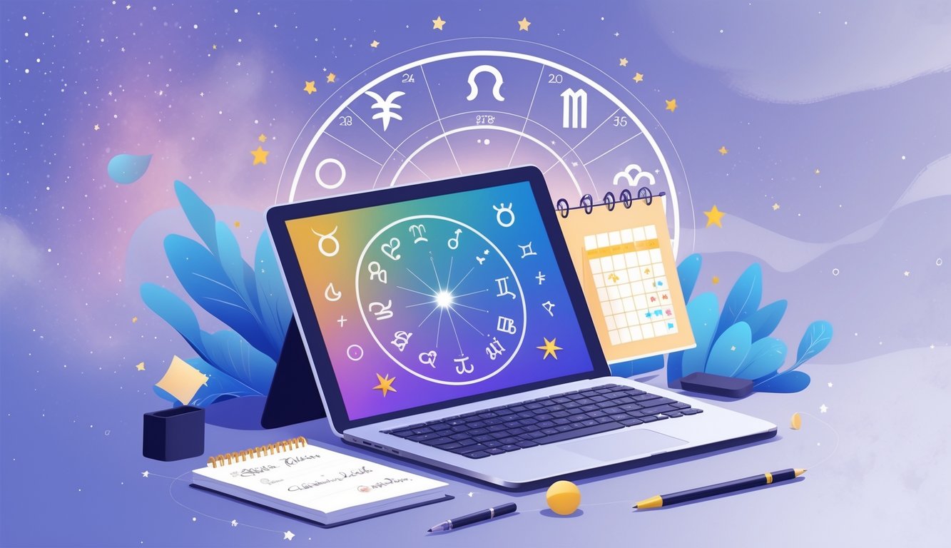 A desk with a laptop displaying a colorful astrological birth chart, a calendar with a date circled, and a notebook with notes, set against a cosmic background with stars and zodiac symbols.
