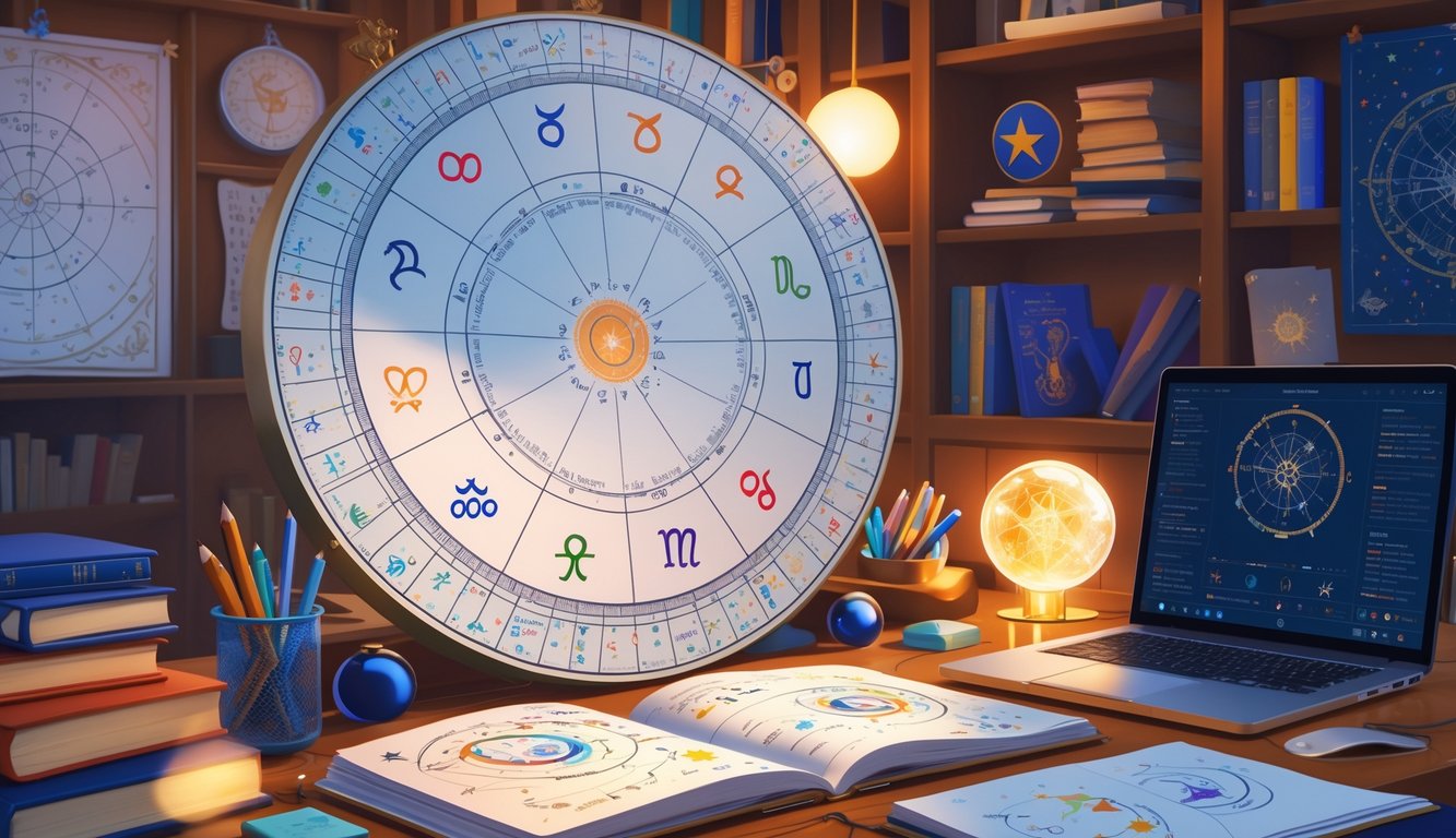 A workspace with a detailed birth chart wheel on a desk surrounded by notebooks, a laptop, a glowing crystal sphere, and astrology books in the background.
