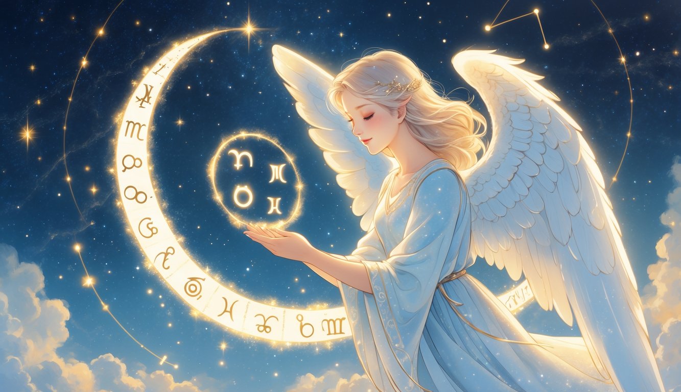 An angel holding a glowing scroll with zodiac symbols, surrounded by stars and constellations in a night sky.