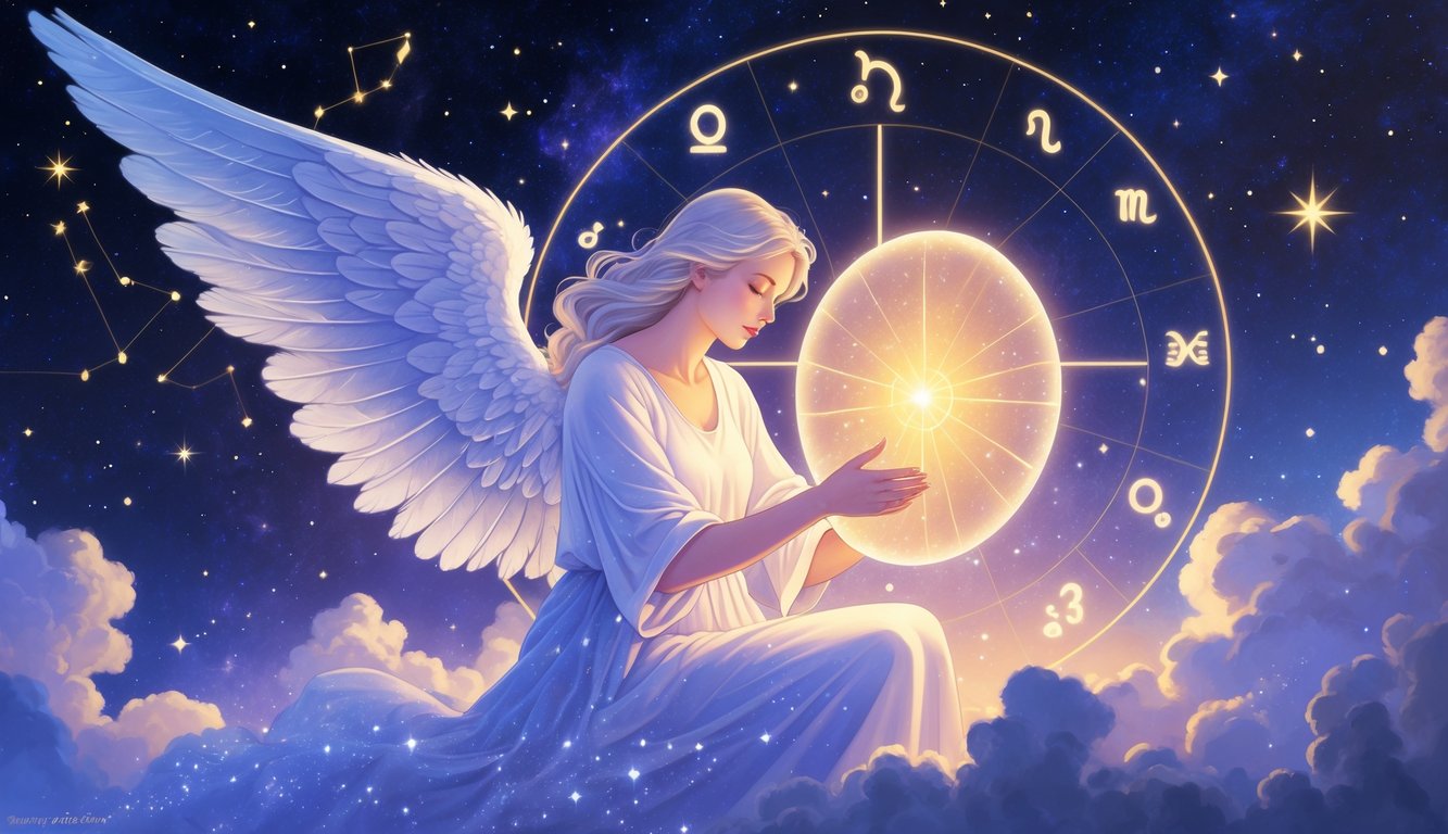 An angel with glowing wings surrounded by stars, constellations, and zodiac symbols, holding a glowing astrological chart in a celestial sky.