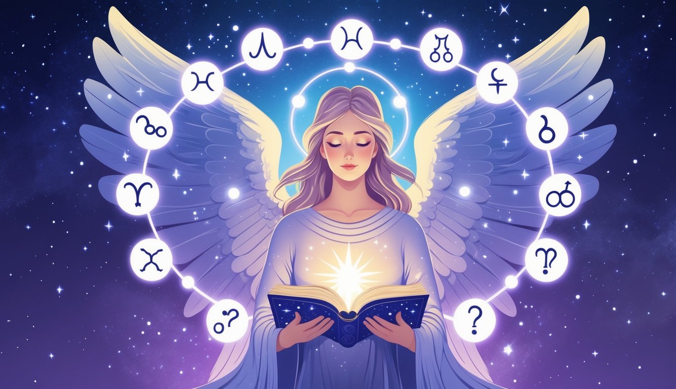 An angel with glowing wings surrounded by zodiac symbols arranged in a circle, holding an open book, set against a starry night sky.