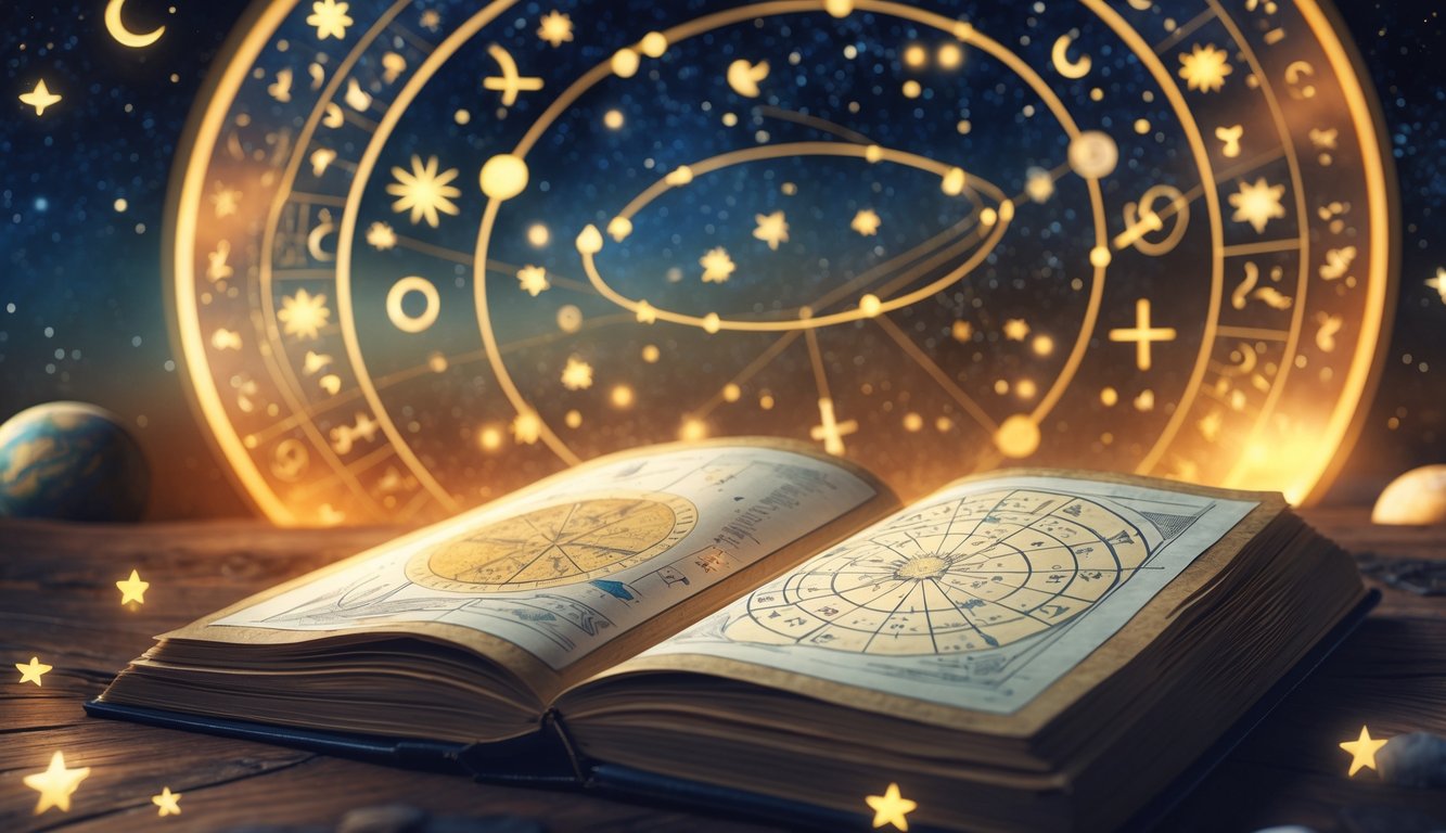 An open ancient book with astrological charts and symbols on a wooden table, surrounded by glowing stars, moons, and planets against a cosmic sky background.