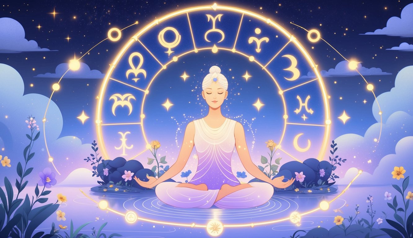A calm figure meditating surrounded by a glowing zodiac wheel and natural and celestial elements symbolizing harmony and balance.