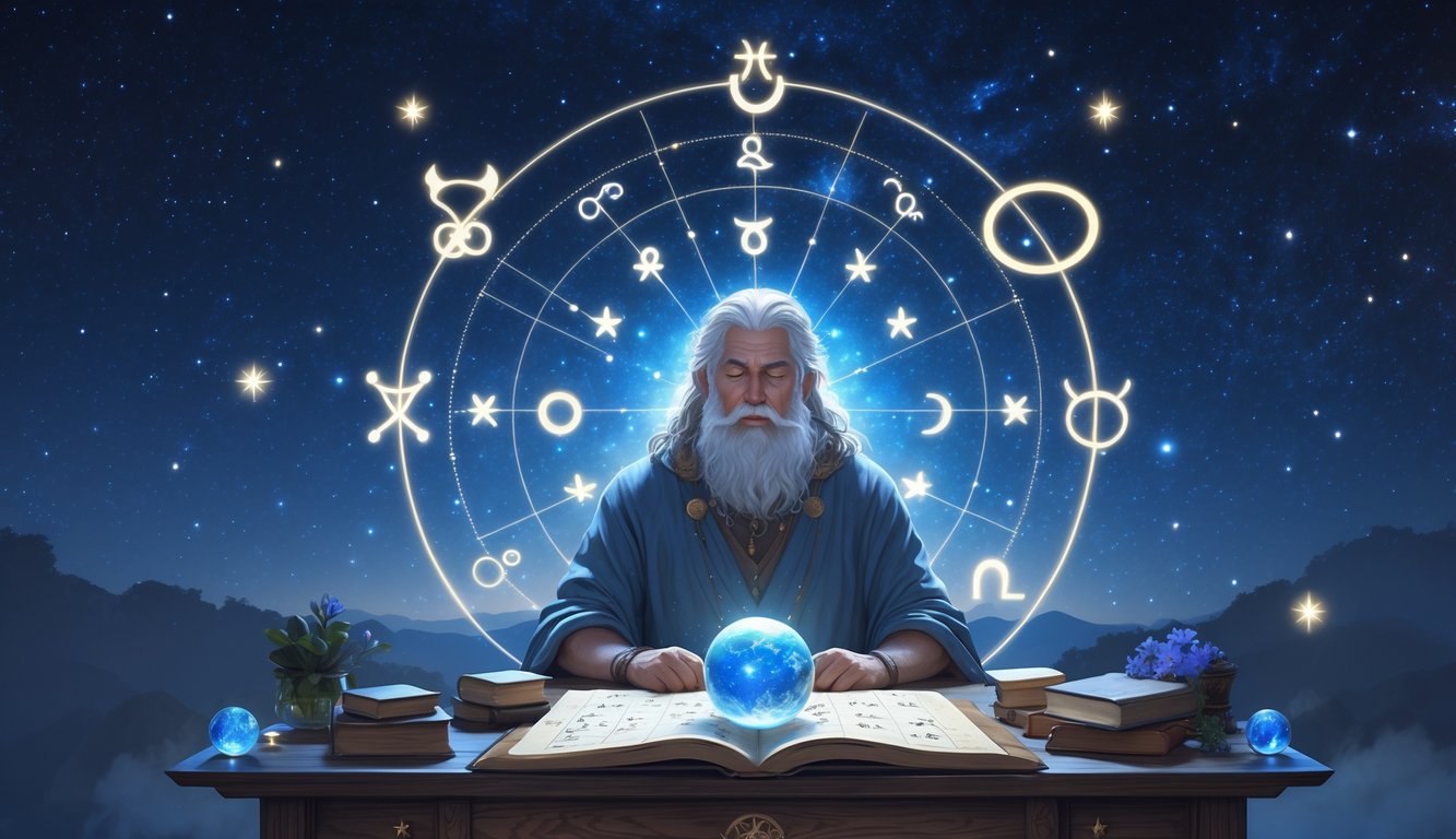 A calm astrologer sitting at a desk with star charts and zodiac symbols, surrounded by glowing constellations and celestial elements.