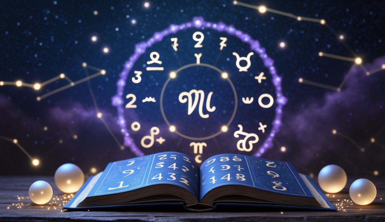 An open ancient book with numerical symbols and zodiac signs surrounded by glowing orbs against a starry night sky.