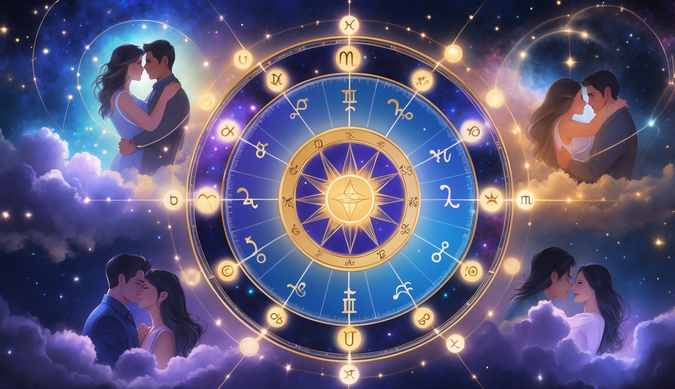 An astrological birth chart surrounded by glowing lines with couples embracing and holding hands against a starry cosmic background.