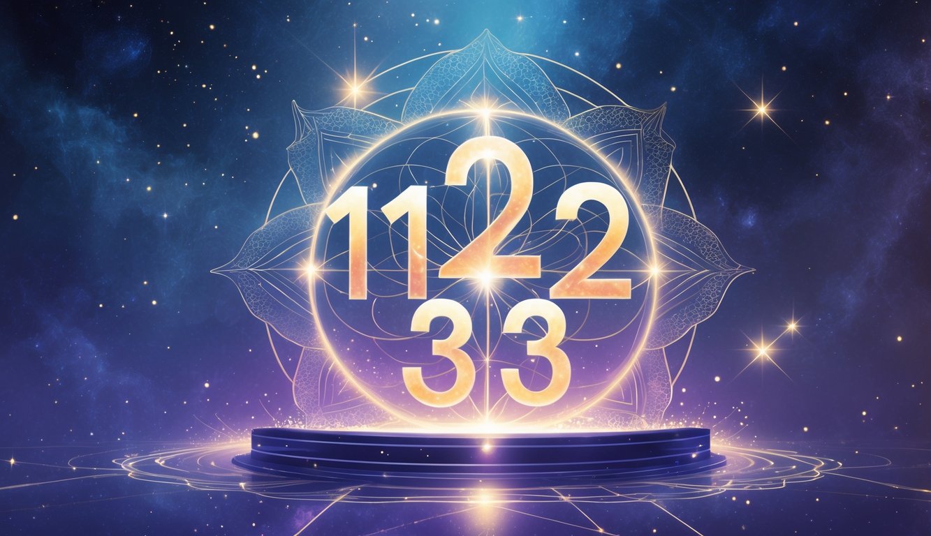Glowing master numbers surrounded by geometric patterns and cosmic elements against a starry background.