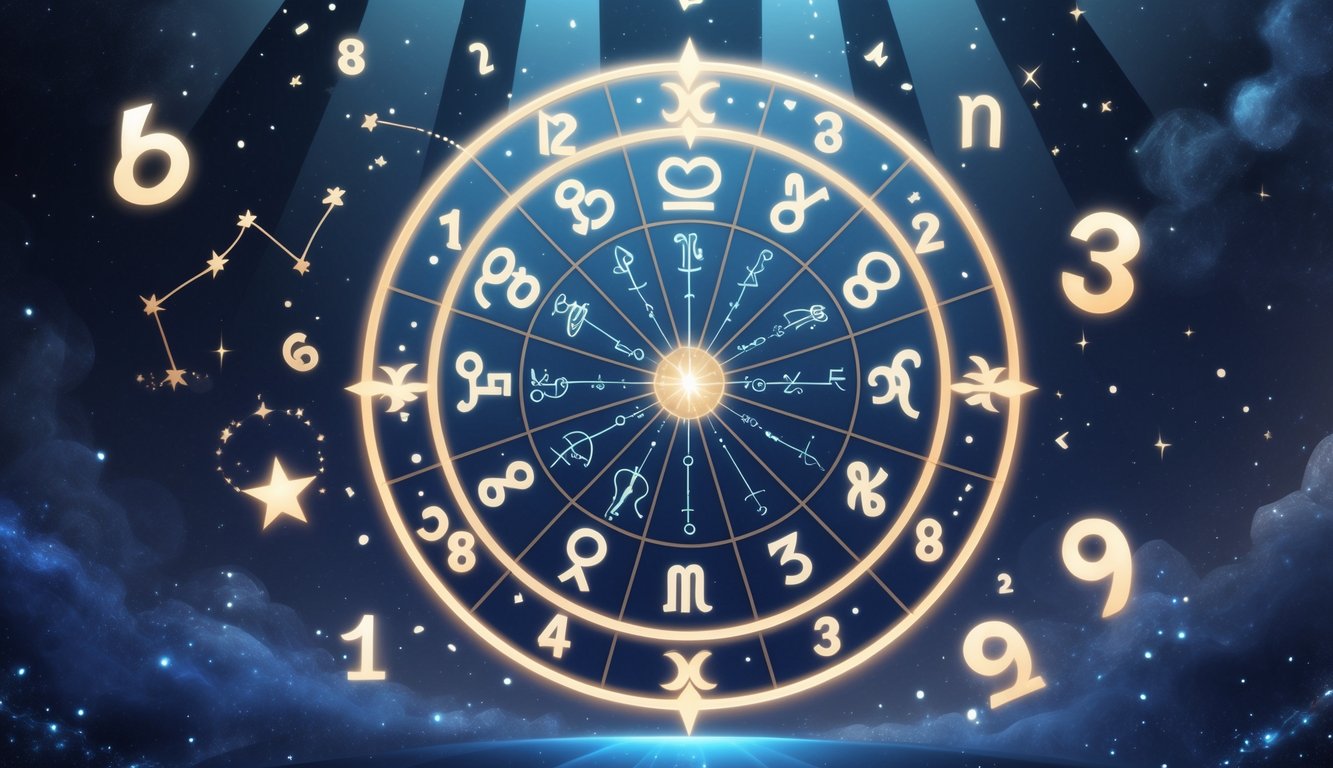A circular zodiac chart surrounded by glowing numbers and astrological symbols against a starry night sky background.