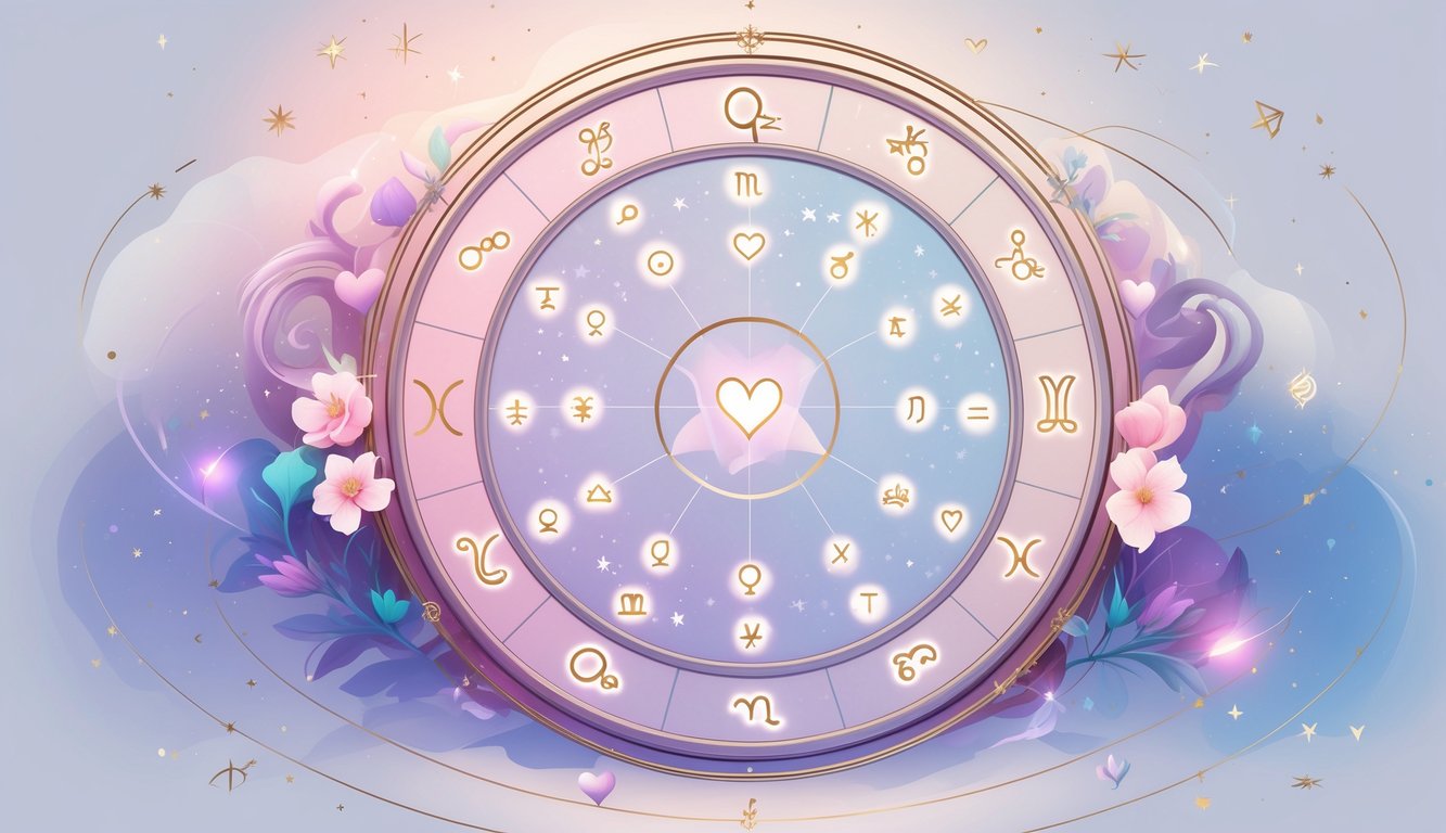 A circular astrological birth chart with zodiac signs and heart symbols connected by lines, surrounded by love-related icons like Venus symbols and rings, set against a starry background.