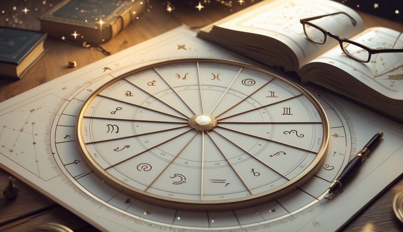 An astrological birth chart with zodiac symbols on a wooden table surrounded by stars, planets, reading glasses, and an open book.