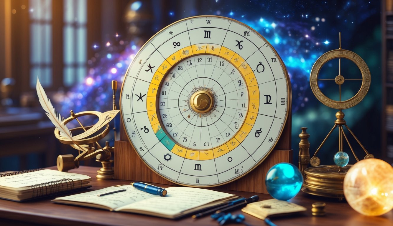 An astrologer's desk with a colorful birth chart wheel, zodiac symbols, astrological tools, and glowing celestial elements in the background.