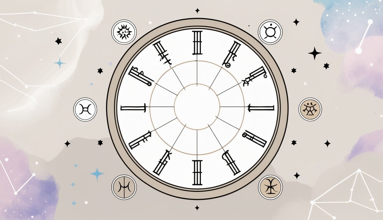 A circular astrological birth chart divided into twelve segments with zodiac symbols around it, set against a clean background with subtle stars.