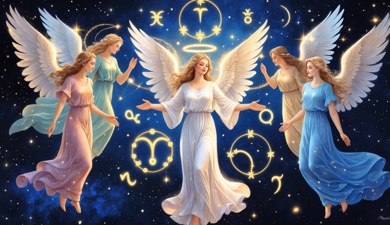 Celestial angels surrounded by glowing zodiac symbols in a starry night sky.
