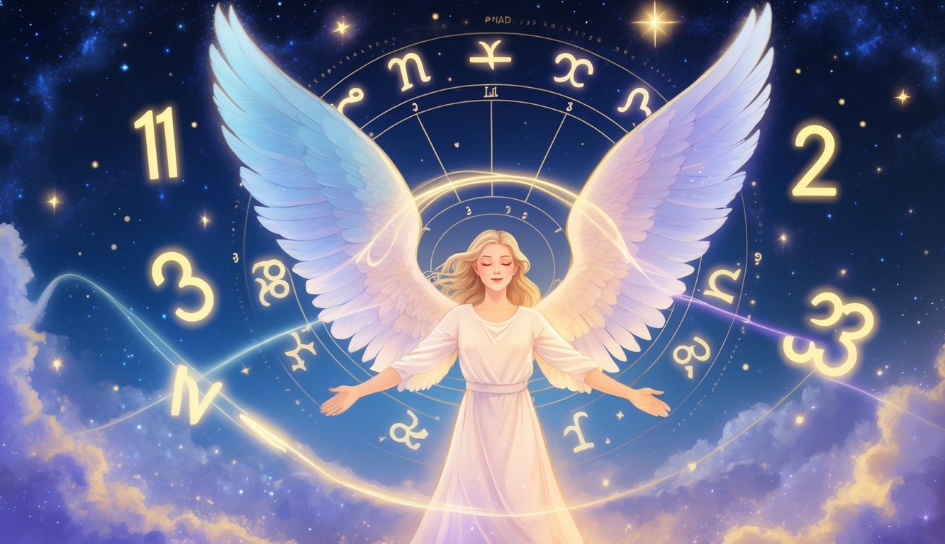 An angel with glowing wings surrounded by floating numbers and a zodiac chart under a starry sky.