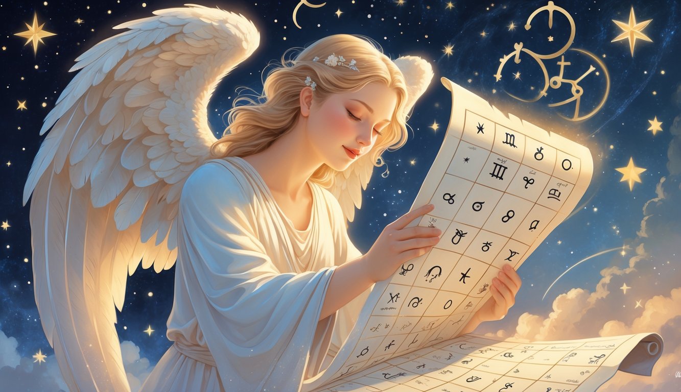 An angel with glowing wings holding an open scroll with astrological symbols against a starry cosmic background.