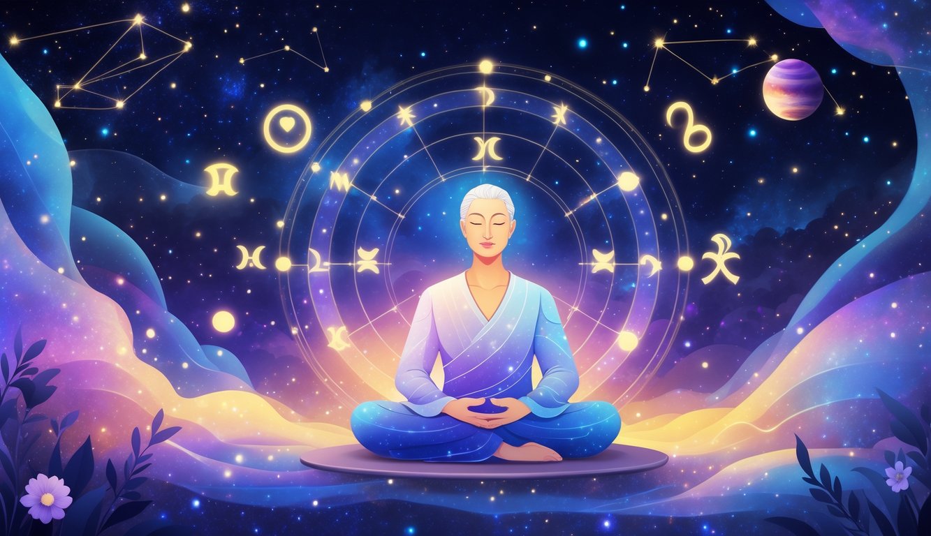 A person meditating beneath a starry sky with glowing zodiac symbols and celestial shapes surrounding them, symbolizing spiritual growth guided by astrology.
