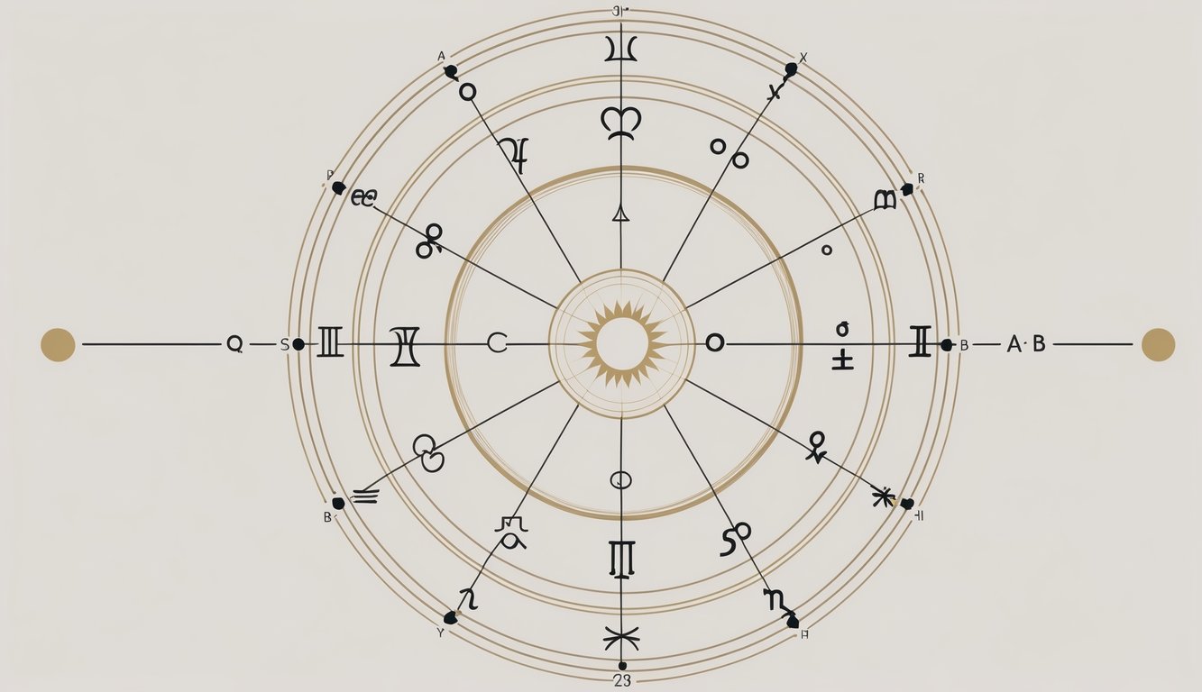 A circular astrological chart showing zodiac signs, planetary symbols, and connecting lines forming aspects around a central Earth point.