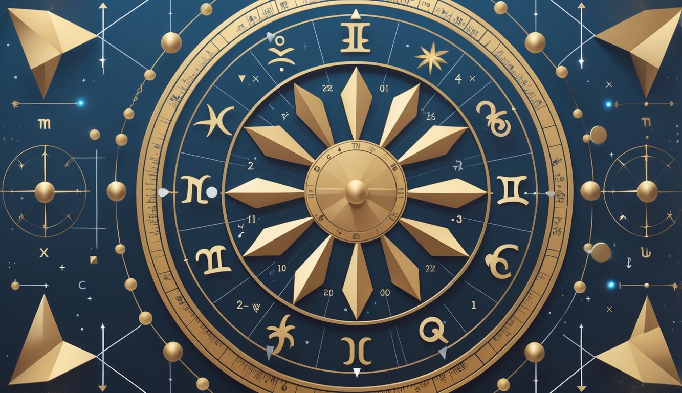 An astrological chart featuring a circular zodiac wheel with connected geometric patterns and planetary symbols.