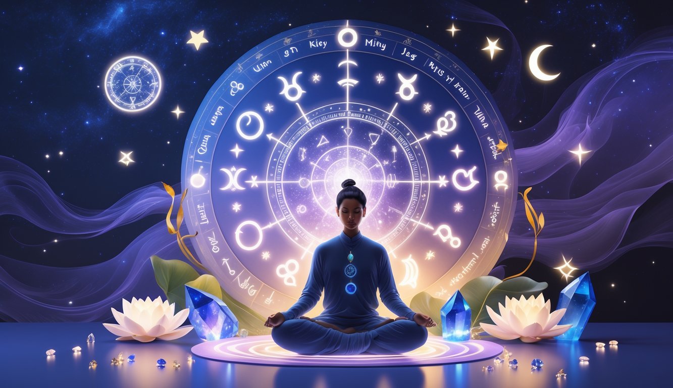 A person sitting cross-legged surrounded by floating zodiac symbols and celestial elements with an astrological chart and natural elements in the background.