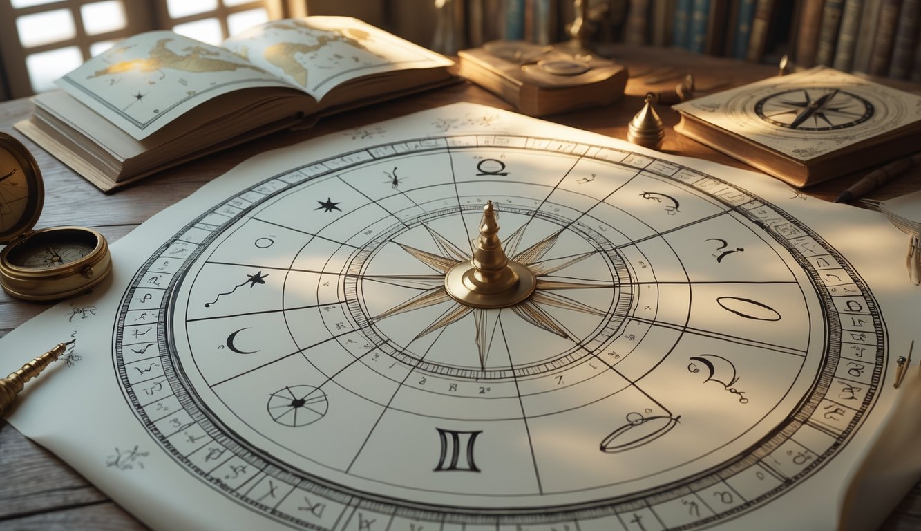 An astrological chart on a wooden desk with zodiac signs, planetary symbols, and celestial tools arranged around it.