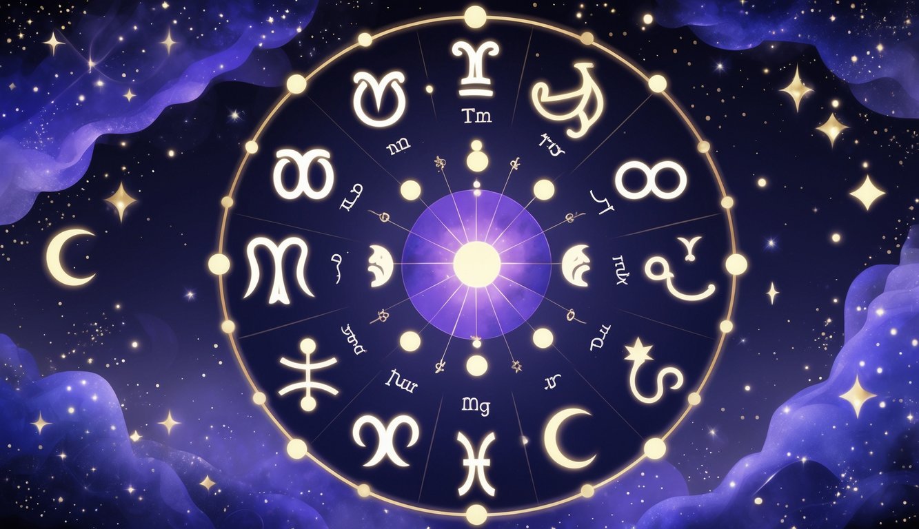 A circular arrangement of the twelve zodiac symbols and constellations glowing softly against a starry night sky with celestial elements around them.