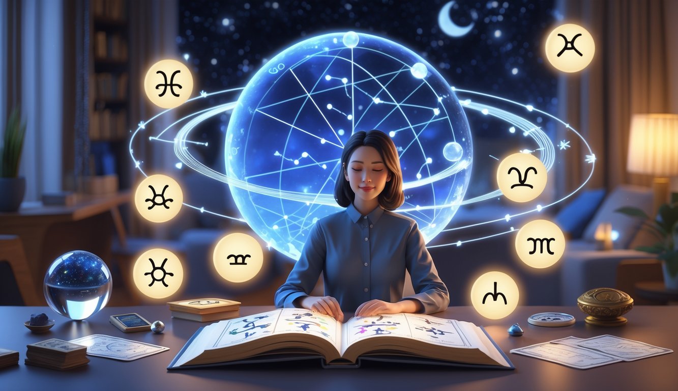 A person sitting at a desk surrounded by zodiac signs, astrology charts, and celestial symbols, with a starry night sky in the background.