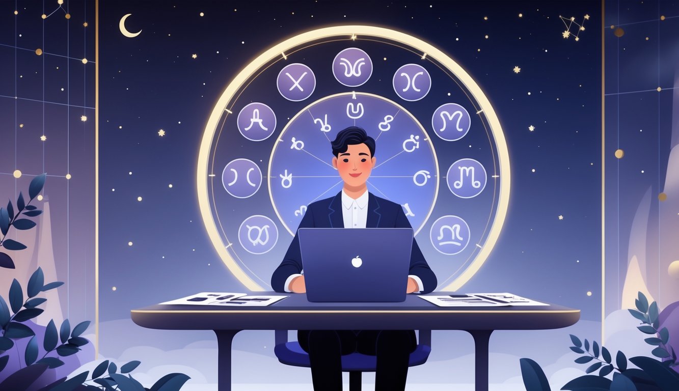 An astrologer at a desk with zodiac charts and a glowing zodiac wheel on the wall behind them.