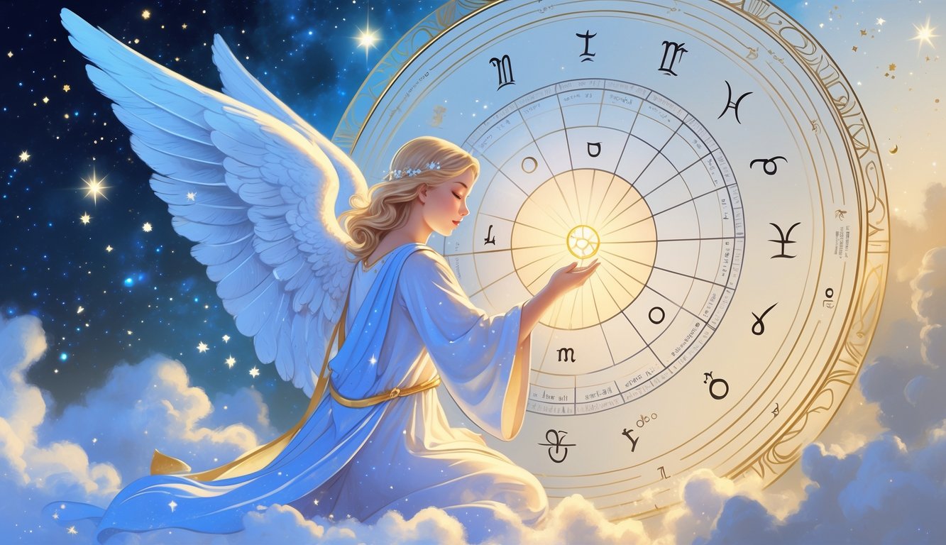 An angel with wings surrounded by a circular astrological birth chart with zodiac symbols and planetary signs, set against a cosmic background.