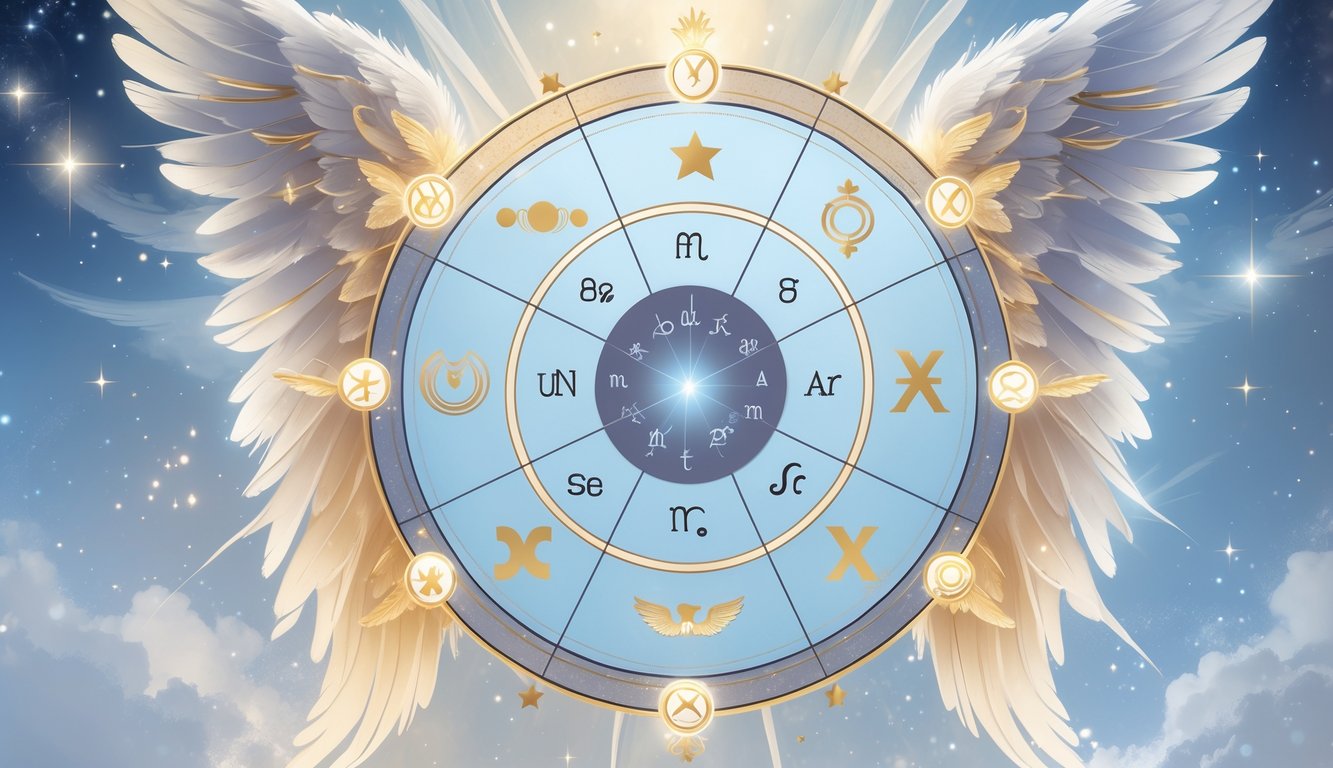 A celestial circular chart divided into twelve segments with angelic and astrological symbols, surrounded by glowing angel wings against a cosmic background.