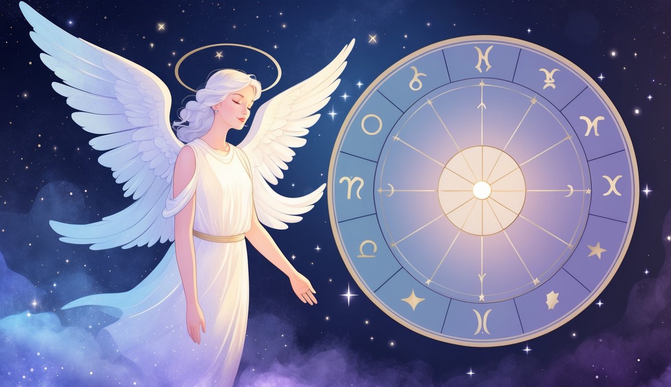 An angel with glowing wings next to a circular astrological birth chart divided into twelve segments with zodiac symbols, set against a starry cosmic background.