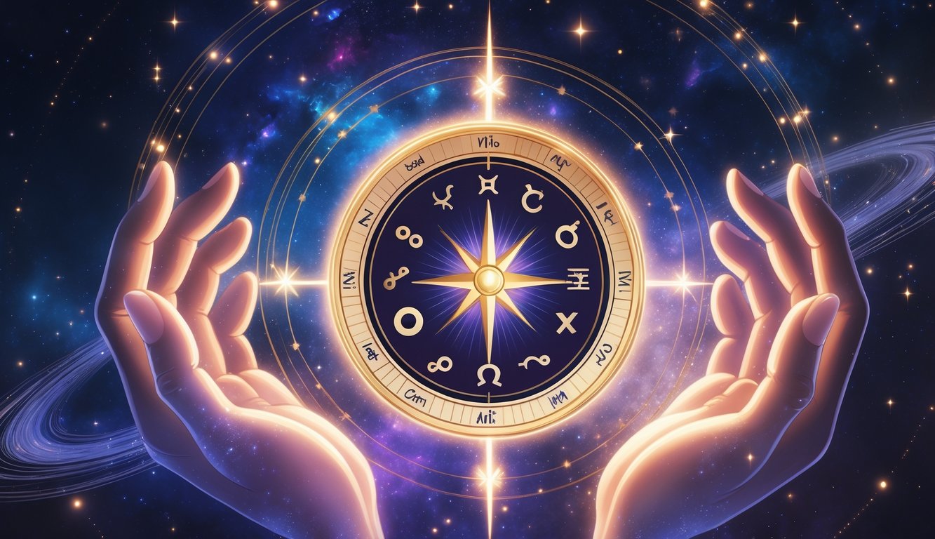 A glowing compass surrounded by zodiac symbols, held by gentle hands with stars and cosmic elements in the background.