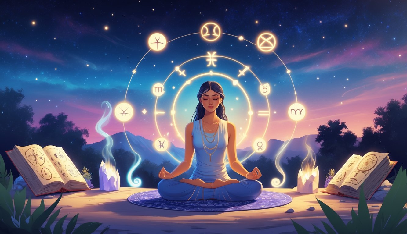 A person meditating outdoors at twilight surrounded by glowing zodiac symbols, planets, stars, crystals, incense smoke, and an open mystical book.