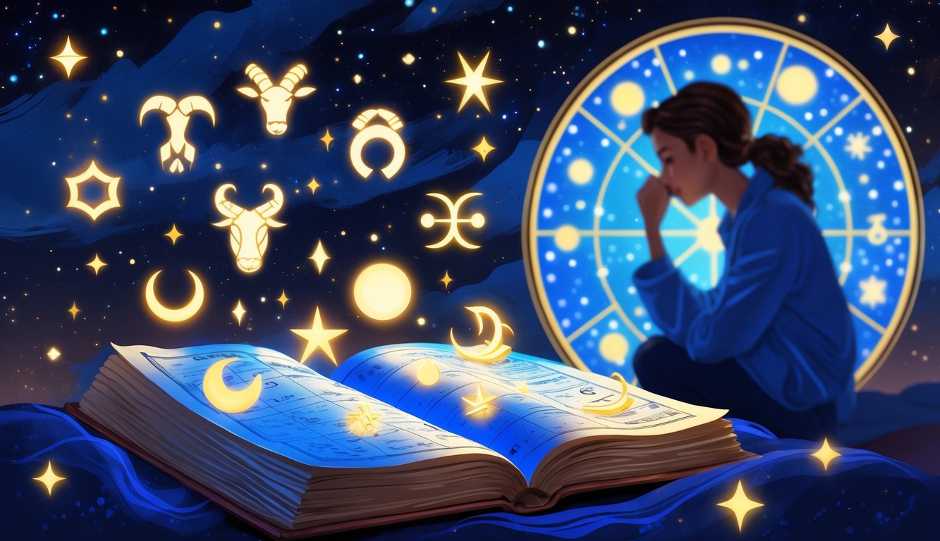 A person studying an open book with glowing zodiac symbols above it, surrounded by stars, planets, and a crescent moon, with a star chart and constellations visible in the background.