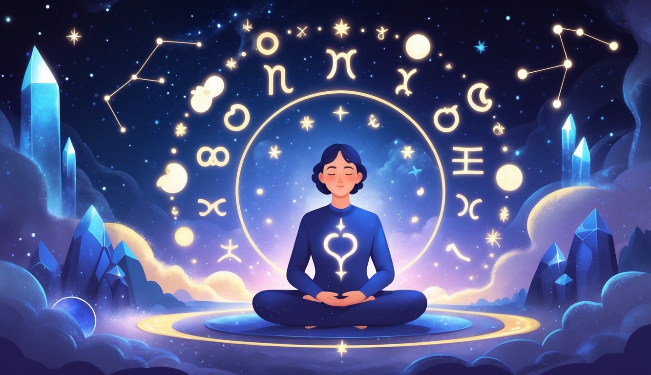 A person surrounded by glowing zodiac symbols and stars, meditating peacefully with cosmic elements like moon phases and crystals around them.