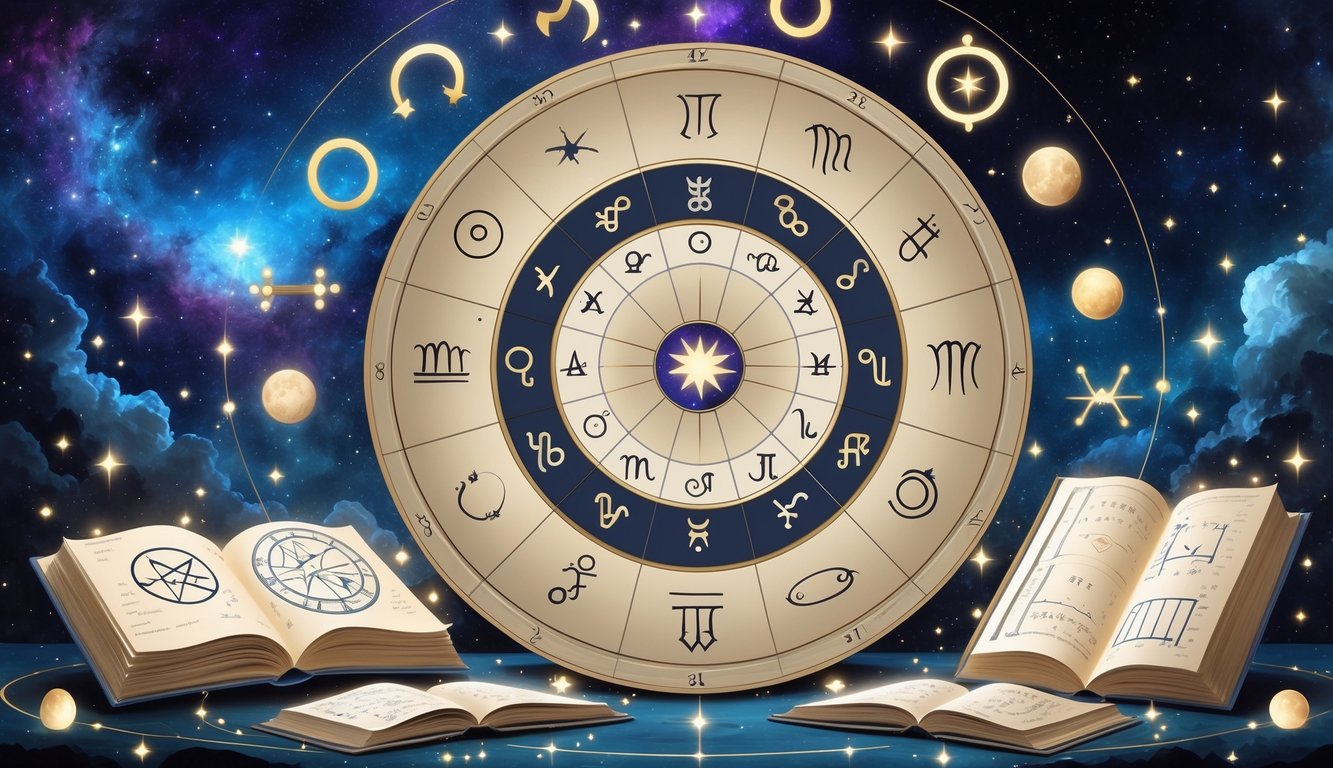 An intricate scene showing an astrological birth chart with twelve houses and zodiac signs, an open ancient book with astrological symbols, and floating mystical signs against a starry cosmic background.