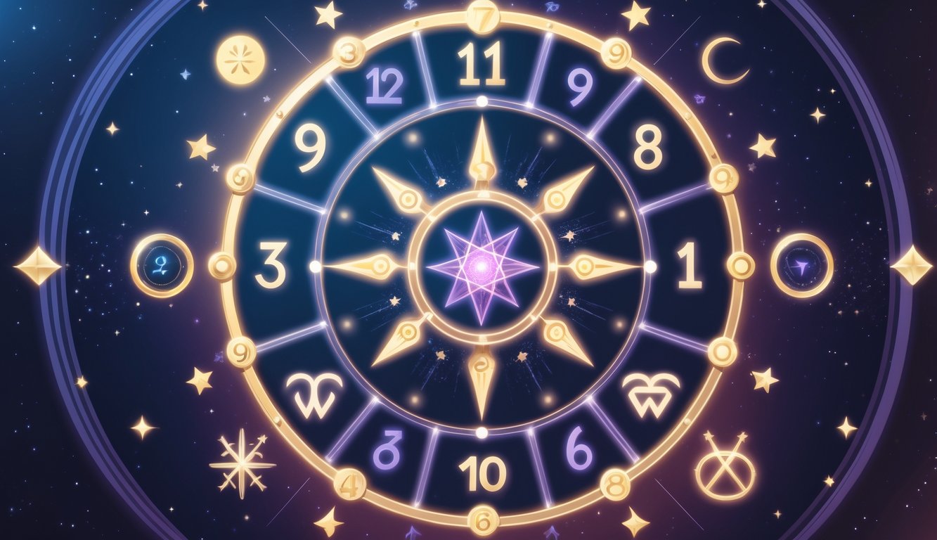 A circular numerology natal chart divided into twelve sections with numbers and symbols, surrounded by stars and zodiac signs.