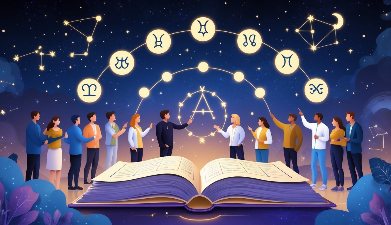 A group of people studying glowing zodiac symbols floating above an open ancient book under a starry night sky.