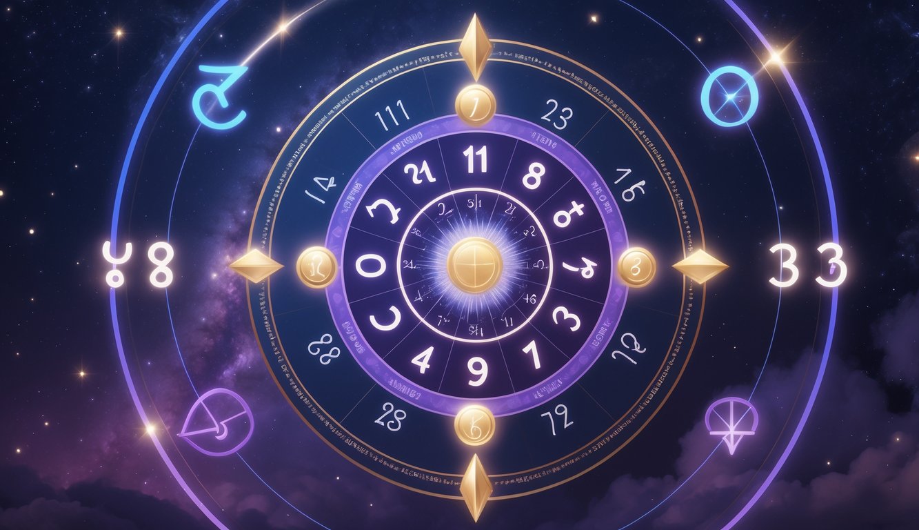 A circular numerology natal chart with numbers and astrological symbols surrounded by glowing cosmic elements and symbolic numbers representing personal numerology.