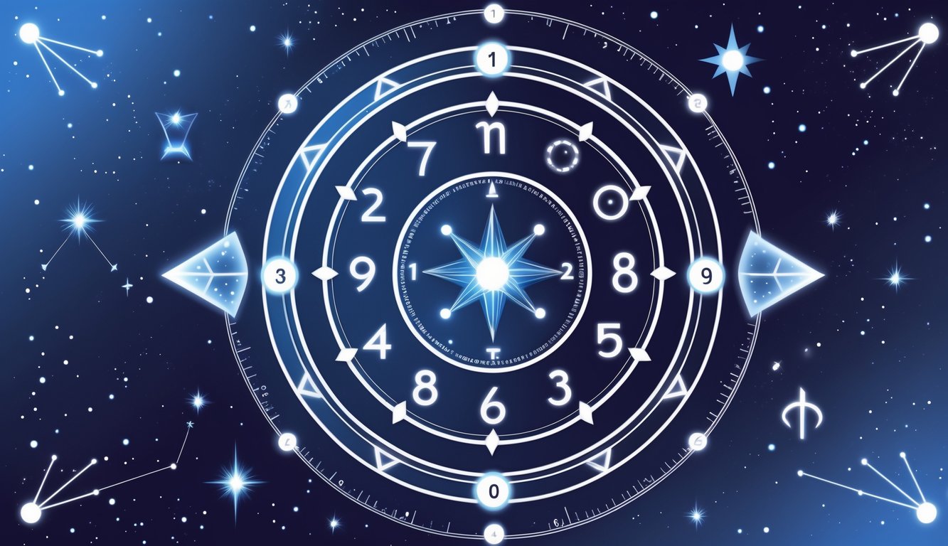 A circular natal chart divided into twelve segments with numerical symbols and geometric shapes glowing softly against a dark starry background.
