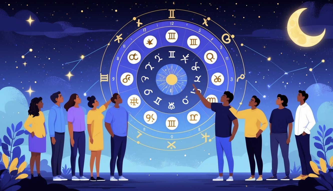 People looking at a glowing zodiac wheel in the night sky with stars and constellations, with one person pointing at a calendar linking dates to zodiac signs.