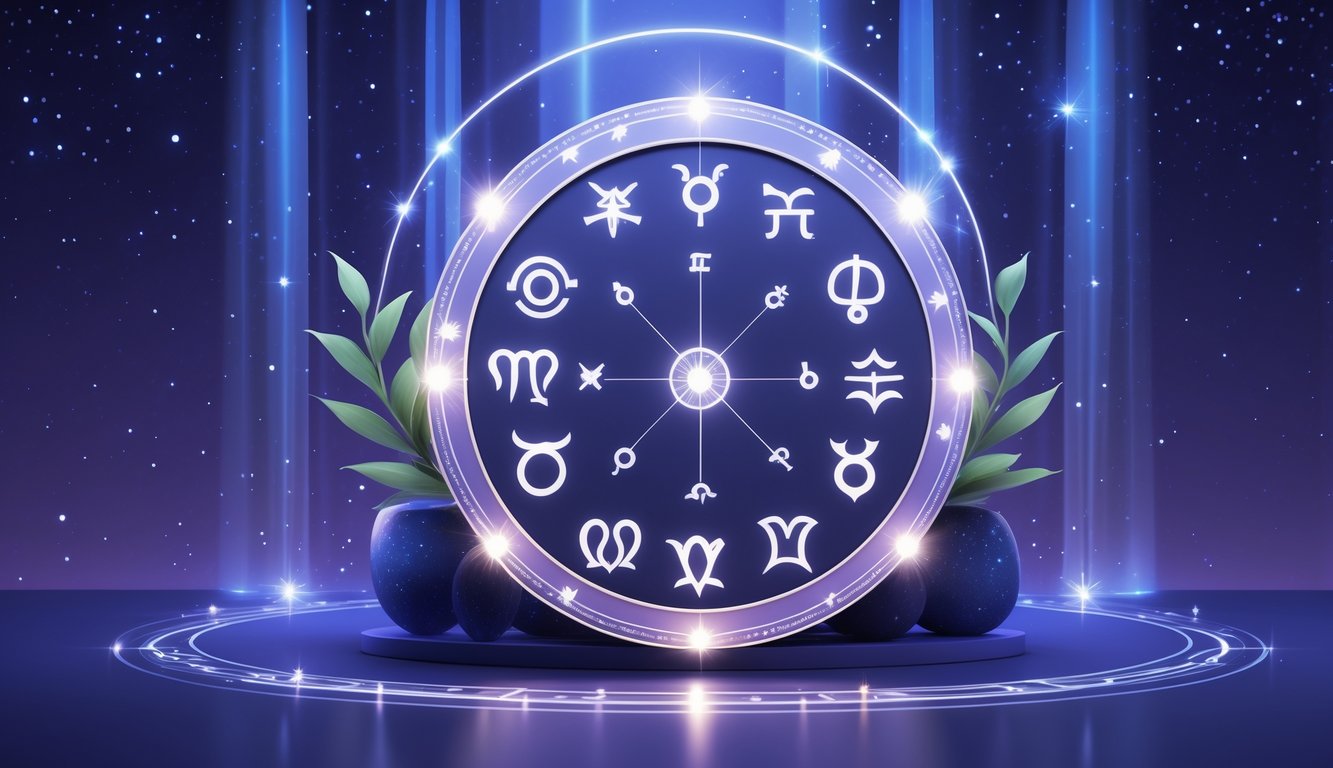 An illustration of a zodiac wheel with all twelve astrological symbols arranged in a circle against a starry night sky background.