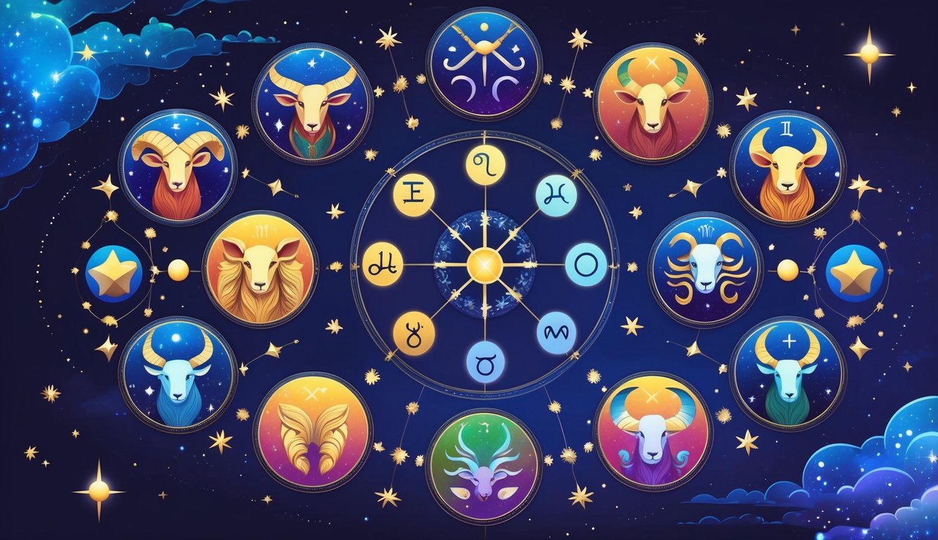 A circular arrangement of all 12 zodiac signs, each represented by their traditional symbols with stars and cosmic patterns in the background.