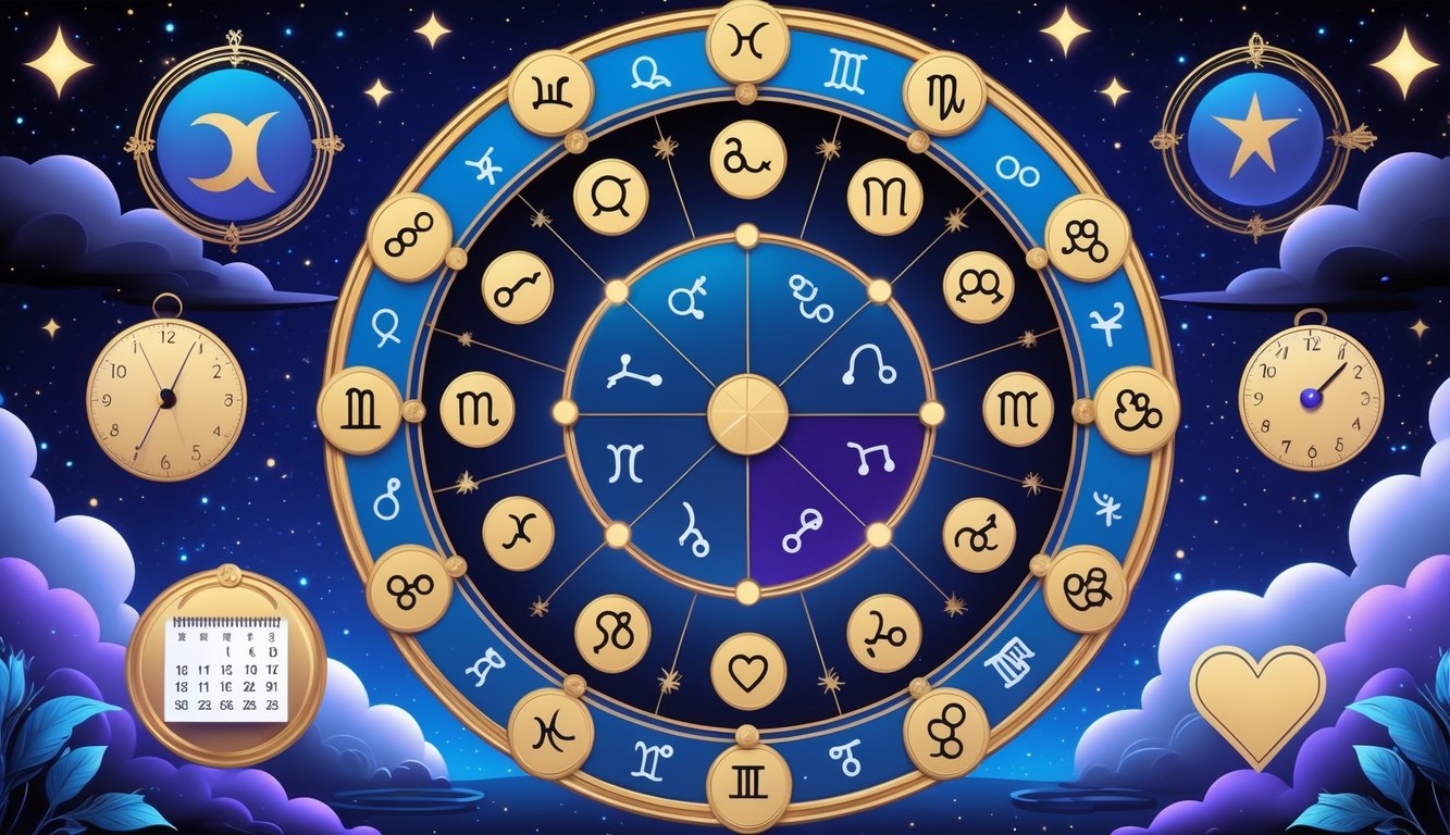 A circular arrangement of all 12 zodiac signs with their symbols and constellations set against a starry night sky, surrounded by icons representing daily, monthly, and love horoscopes.