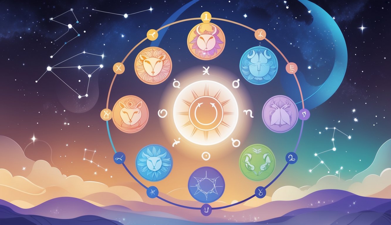 A circular arrangement of the twelve zodiac symbols around a glowing orb, set against a starry cosmic background.