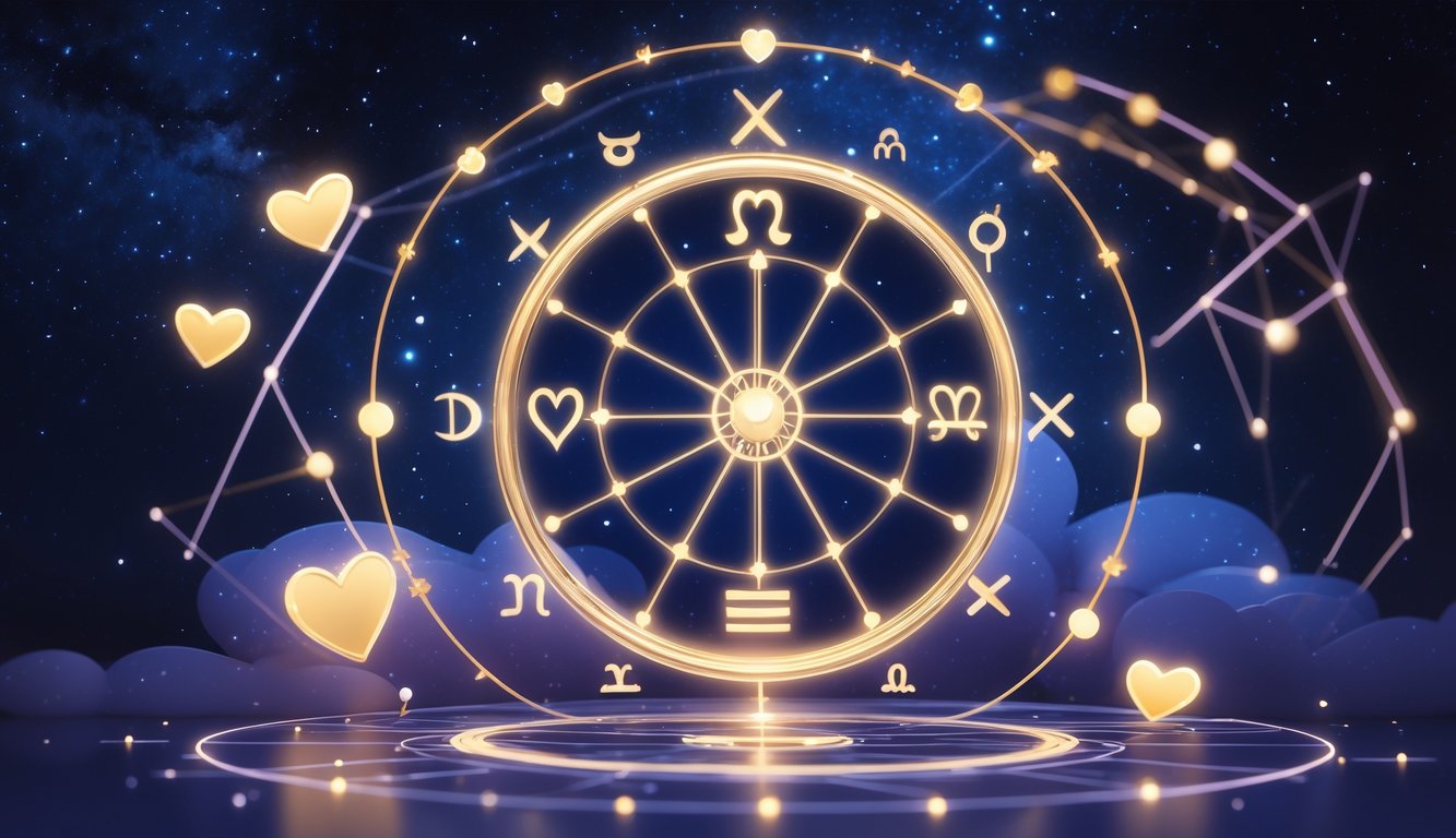 An astrological birth chart wheel surrounded by zodiac symbols, glowing connection lines, and romantic symbols like hearts and rings against a starry night background.
