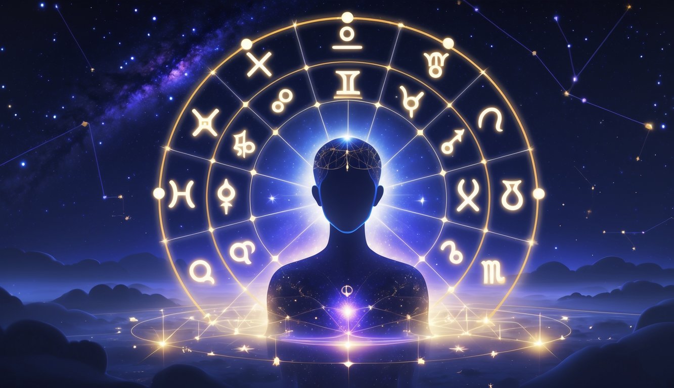A glowing human figure surrounded by a circular zodiac chart with stars and constellations in the background.