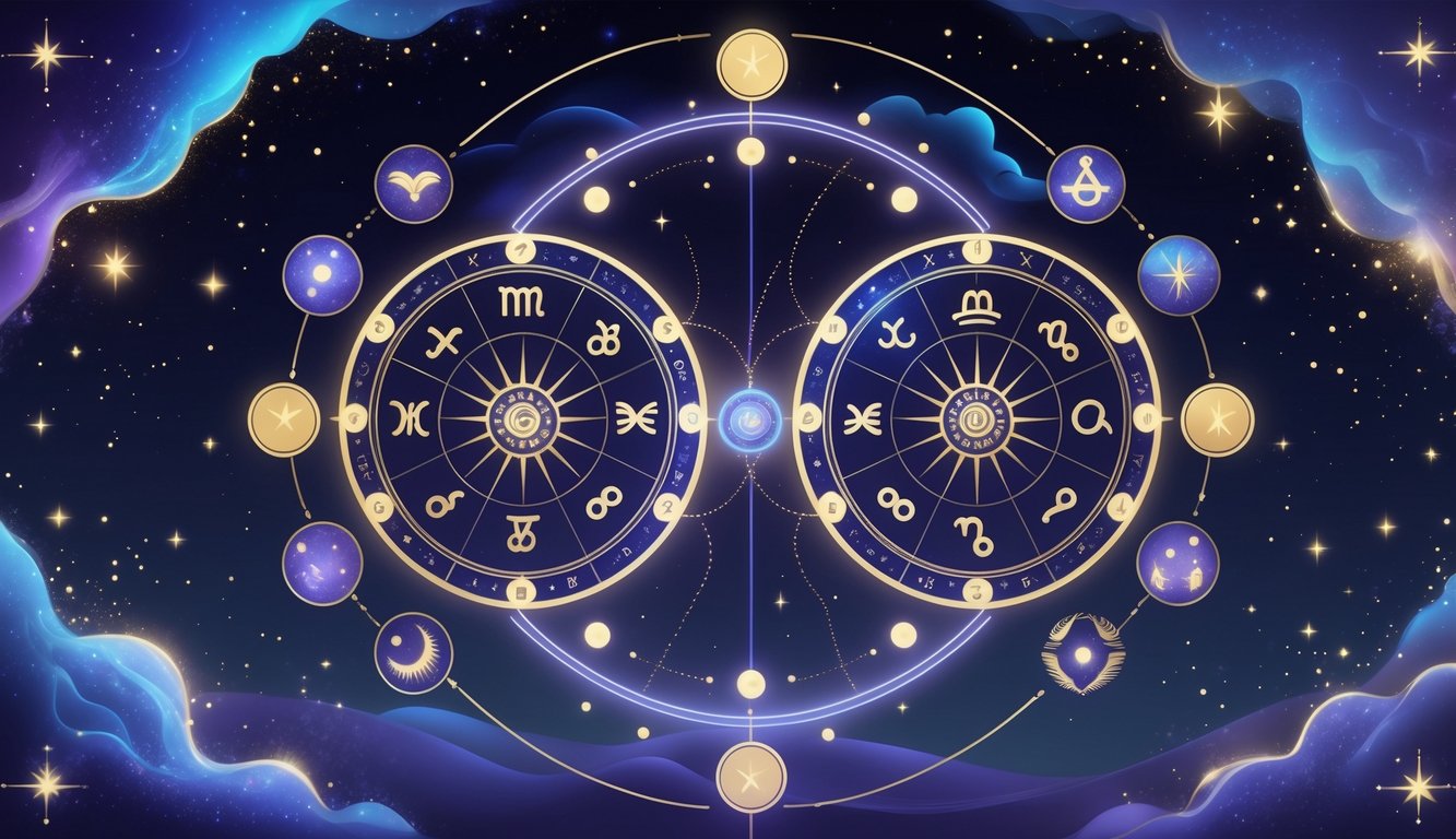 Two interconnected astrological birth charts surrounded by zodiac symbols and celestial stars, representing love compatibility.