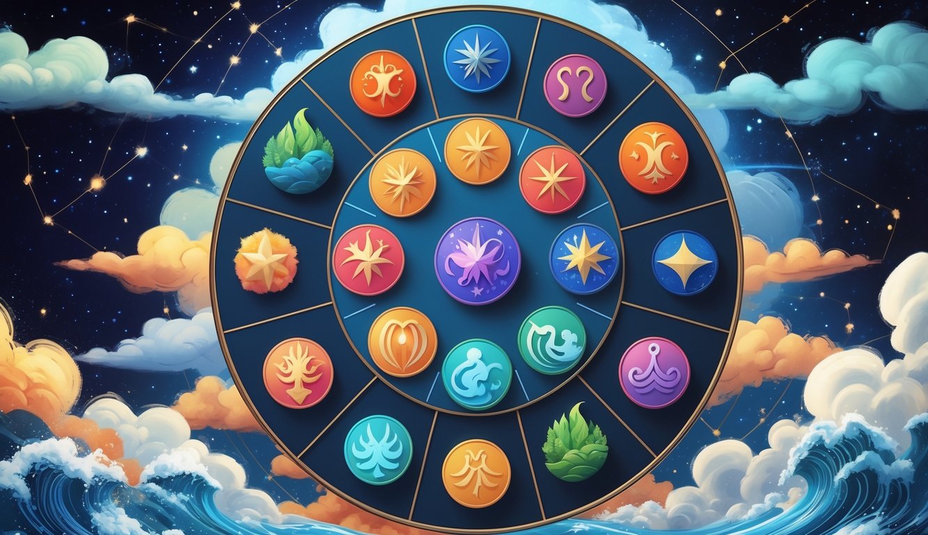 A circular arrangement of the twelve zodiac signs with surrounding natural elements representing fire, earth, air, and water, set against a starry night sky with constellation lines.